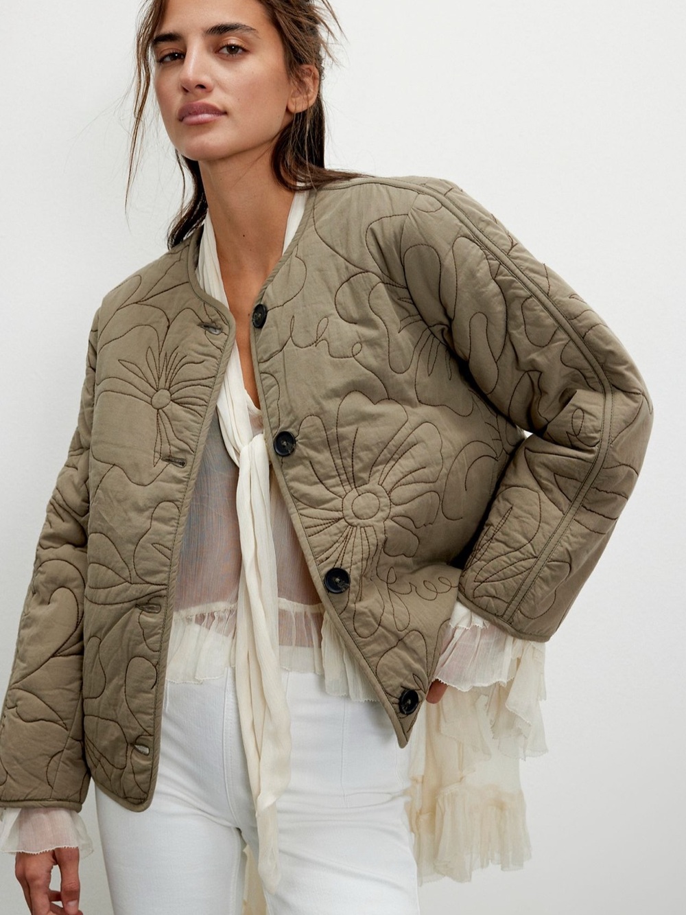 Quilted Floral Bomber Jacket in Olive
